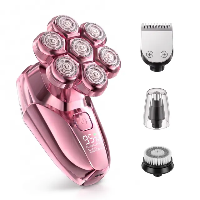 Amoria rose-pink rotary shaver and interchangeable attachments on white